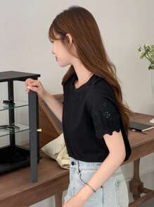 DAZY Solid Scallop Trim Tee - Black - View 7