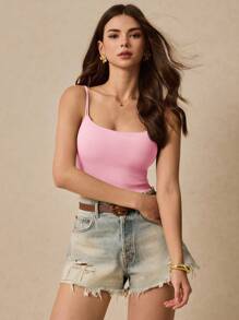 Poéselle Women's Casual Versatile Solid Color Adjustable Strap Camisole Top With Built-In Bra - Pink - View 6