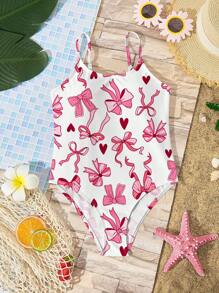 SHEIN Tween Girls Casual Bowknot & Heart Print One-Piece Swimsuit, Suitable For Summer - Multicolor - View 1