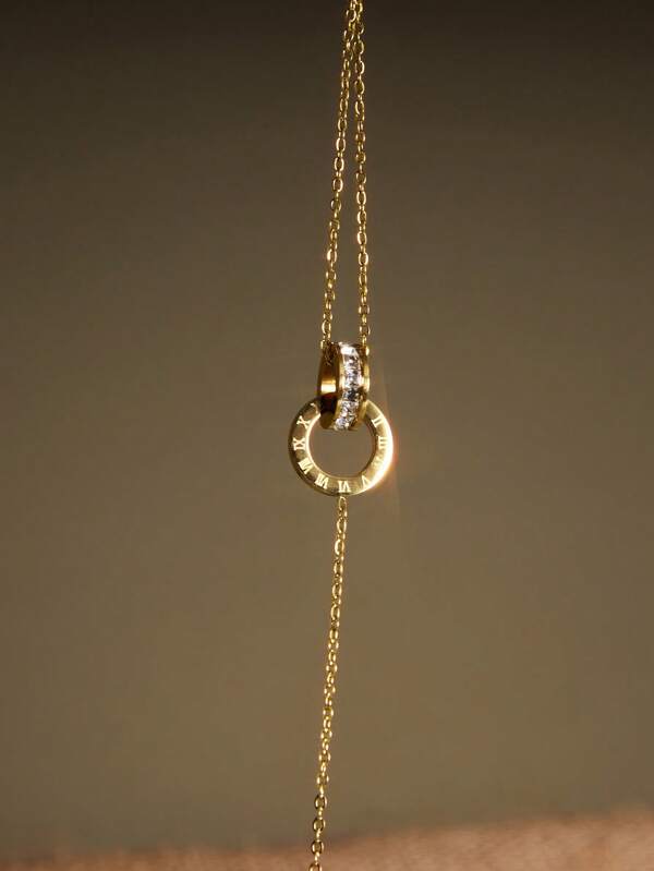 1 pieza Pulsera de acero inoxidable con doble círculo incrustado de circonita, adecuada para uso diario, regalo de Navidad e invierno