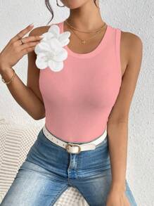 Chiquease Women 3D Floral Decor Round Neck Fitted Camisole - Pink - View 4