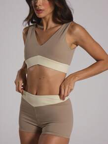 Musera Sport Pantalones cortos deportivos de dos tonos con panel en V, para actividades como pádel, tenis, pickleball, gimnasio y fitness - Marrón - Ver 5