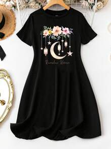 SHEIN LUNE Plus Size Women Ramadan Crescent Moon & Flower Print Dress - White - View 1