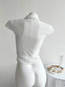 Elamini New Arrival Fashionable Casual Jacquard Striped Texture Slim Fit Button Down Short Sleeve Shirt For Women - White - View 2