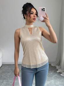 Chiquease 欧美轻奢无袖重磅亮片闪亮上衣女性感衬衫 - 杏色 - 查看 1