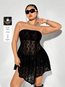 SHEIN ICON Plus Size Strapless Lace See-Through Dress, For Summer - Black - View 7