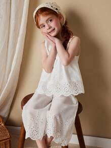 SHEIN Leap Crew Young Girls Spring/Summer French Style Elegant White Jacquard Embroidered Round Neck Set - White - View 4
