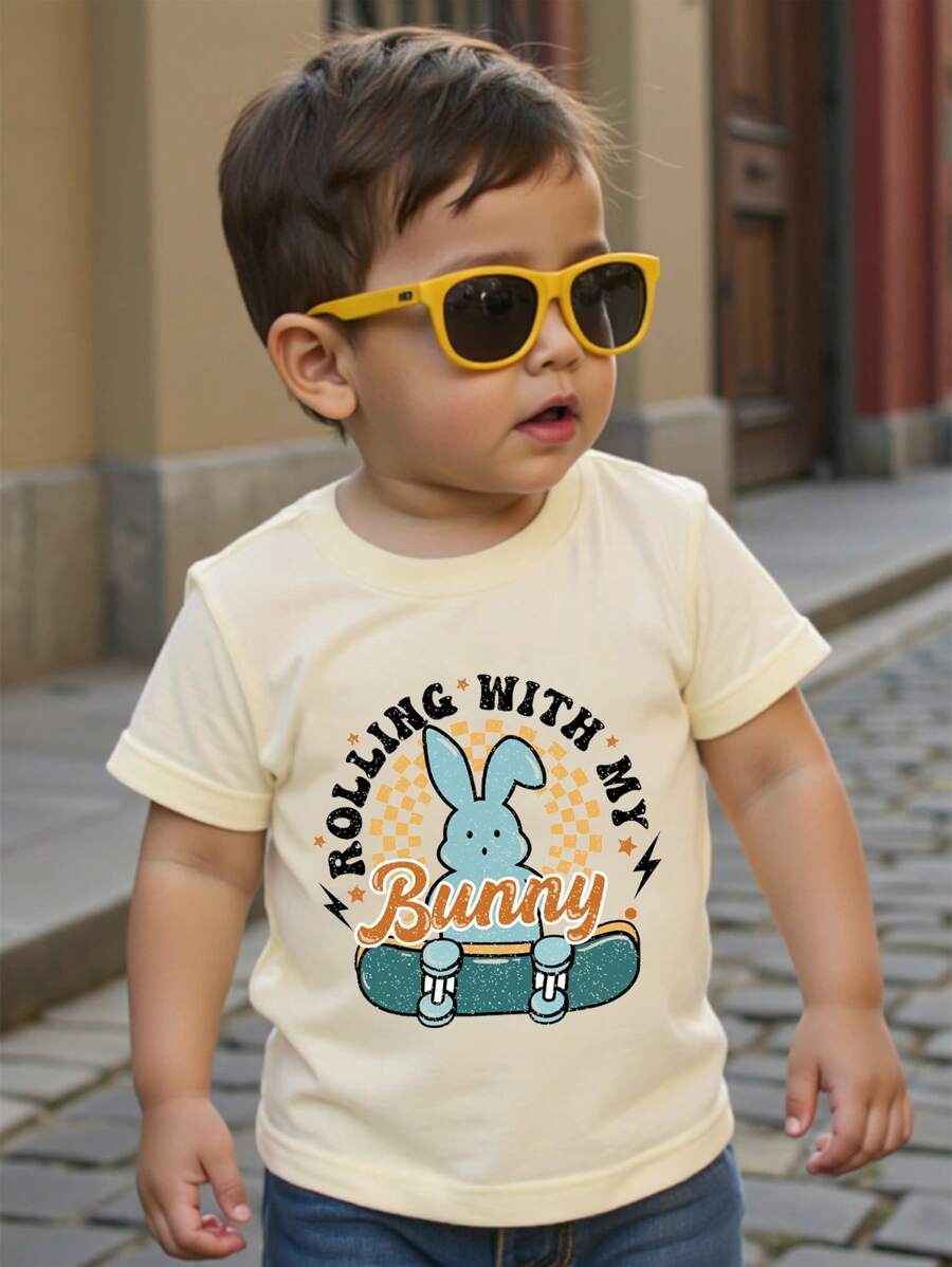 Baby Boy Casual Comfortable Fashion Easter Cute Rabbit Skateboard Letter Print Round Neck Fitted Knit Short Sleeve T-Shirt, Spring/Summer - Apricot - View 1