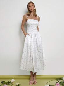 COSMINA Vestido deslizante largo con estampado floral pequeño y elegante para mujeres, primavera/verano - Blanco - Ver 5