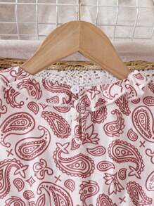 Robe à manches courtes col V assortie mère-fille, robe imprimée rétro minimaliste et de style vintage cachemire pour les filles, pour le printemps/été, tenues décontractées, rassemblements familiaux, sorties - Rouge et Blanc - Voir 3