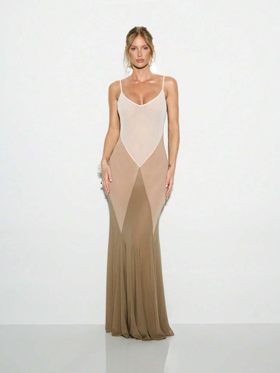 KIZN Sheer Mesh Paneled Mermaid Maxi Dress, Floor Length Elegant Gown, Special Occasion Wear, Stretch Form Fitting Dress With Sheer Detail - Multicolor - View 1