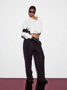 KIZN Designer Wrap Blouse Long Sleeve Asymmetric Collar Office Work Professional Business Wear Fall Winter Fashion Front Tie Elegant Sophisticated Top - White - View 3