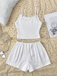 SHEIN Conjunto cómodo para adolescentes, con camiseta de tirantes, chaqueta de punto con estampado de corazón, short de cintura baja, uso casual, ropa de estar en casa, reuniones, vuelta al colegio - Blanco - Ver 3