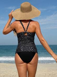 Swim Lushoire Áo hai dây bikini dây mảnh cổ chữ V chấm bi tôn dáng cho nữ - màu đen - Xem 2