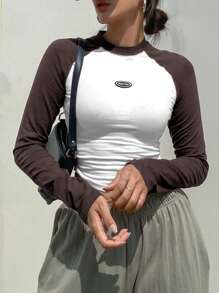 DAZY 女式撞色字母印花插肩长袖 T 恤，春夏