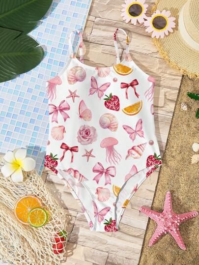 Watercolor Bowknot & Marine Life Strawberry Print Tween Girls Casual Minimalist One-Piece Swimsuit, Suitable For Summer