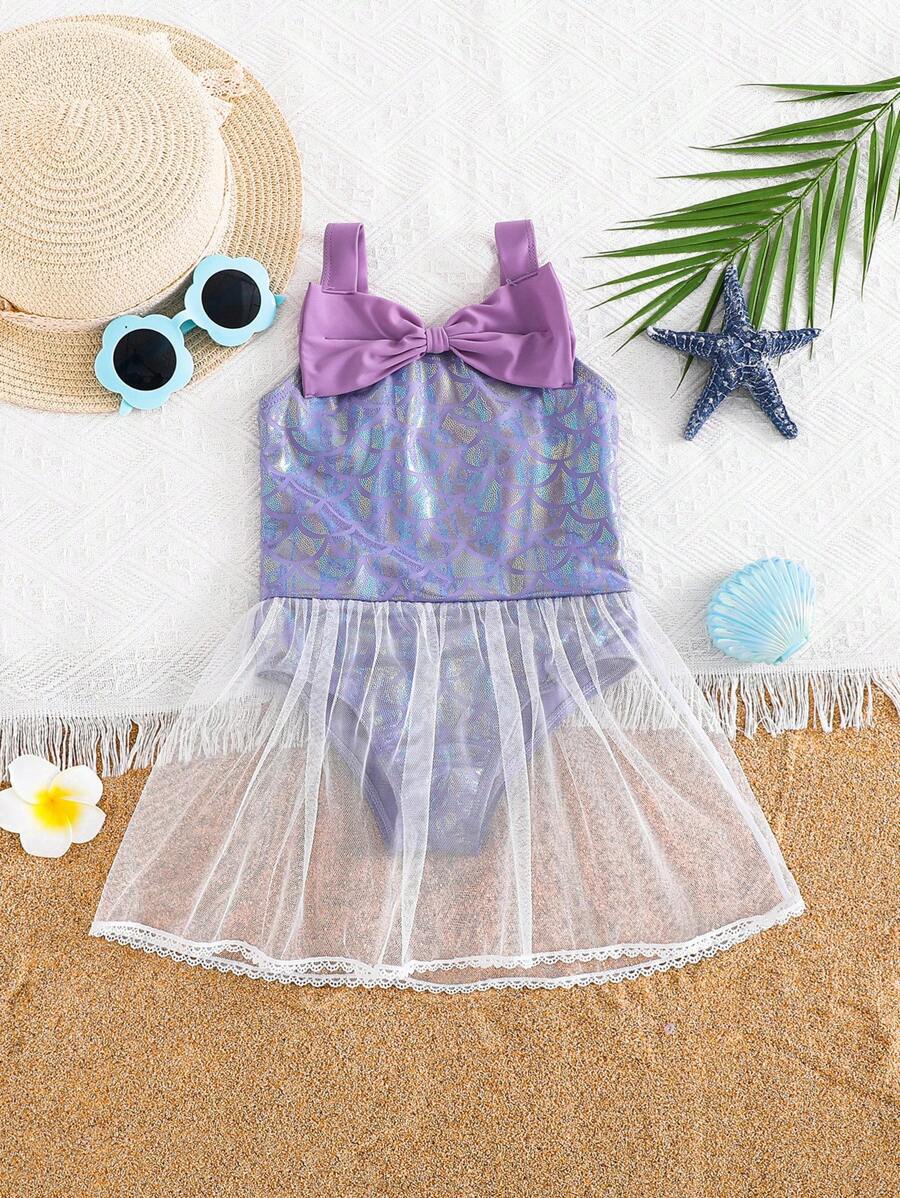 SHEIN 年轻女孩针织合身休闲连体泳衣 - 彩色 - 查看 1