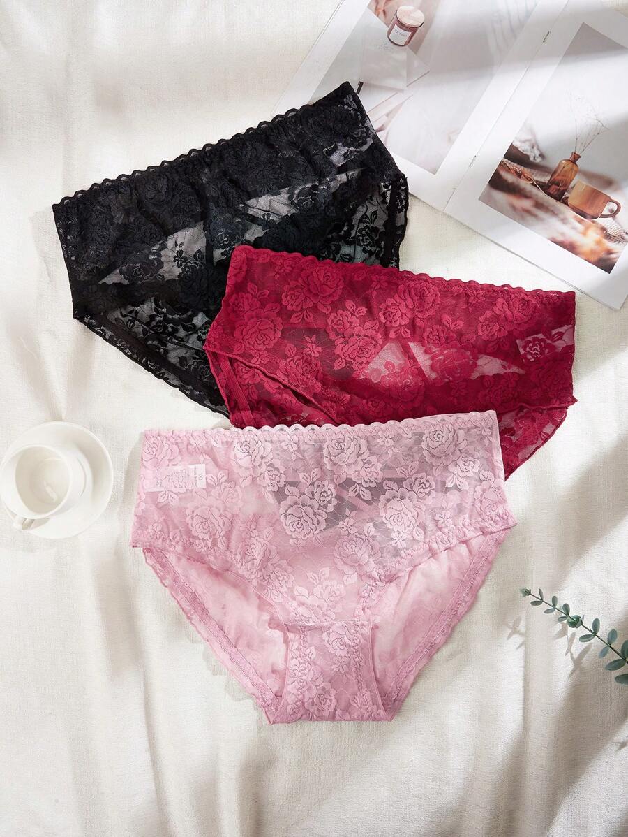3pcs Set Plus Size Lace Underwear, Minimalistic & Fashionable, Suitable For Summer - Multicolor - View 1