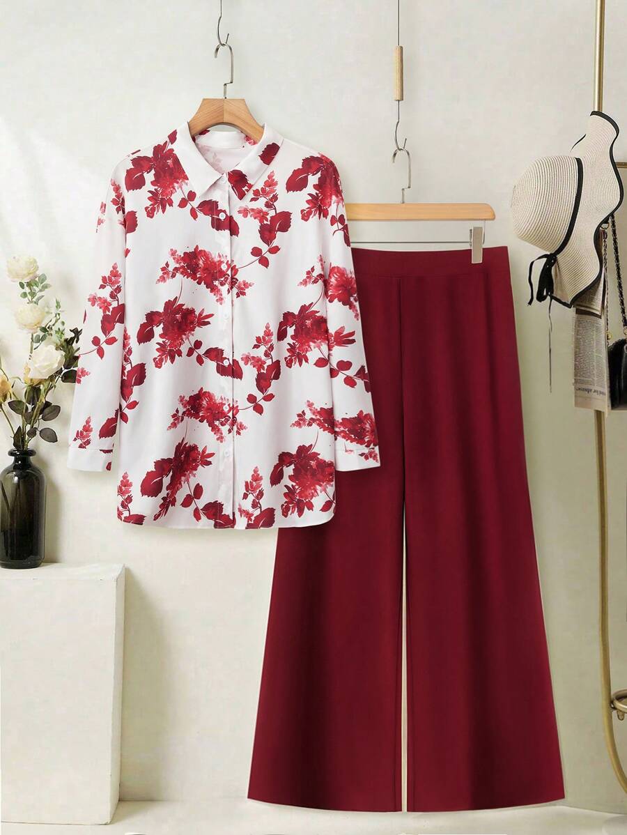 EMERY ROSE 大码女式节日花卉印花两件套衬衫套装