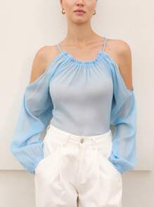 GENKIRA Spring/Summer New French Fashionable Elegant Women's Blouse, Attractive Open Shoulder Design, Ruched Neckline, Intricately Crafted Sheer Silver Metallic Chiffon Fabric, Long Sleeves Baby Blue For Spring Fall - Blue - View 2