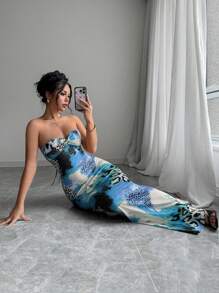 Selianne 无袖扭纹露背镂空系带修身豹纹连衣裙 - 彩色 - 查看 4