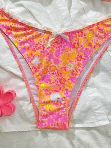 SHEIN Swim Springbreak 女士夏季随机印花细肩带荷叶边蝴蝶结可爱 2 件比基尼套装 - 彩色 - 查看 5