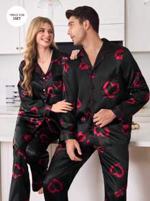 Heart & Lip Printed Open Front Men's Loungewear Set - Multicolor - View 1
