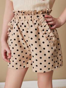 SHEIN Young Girls' French Elegant Apricot Base Floral Print Woven Shorts, Spring/Summer - Black and White - View 5