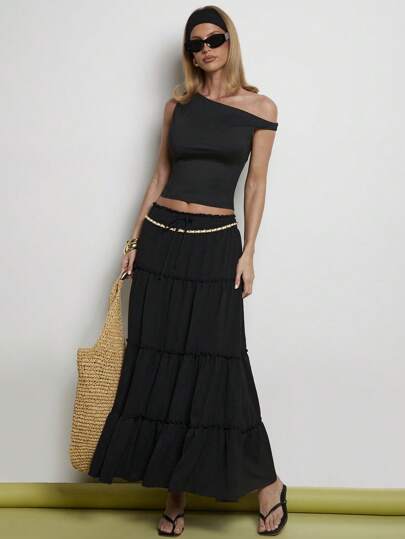 COSMINA 女士纯色腰带荷叶边半身裙，适合假日、优雅场合穿着