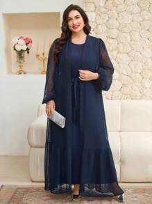 Veilorie Plus Size Solid Sleeveless Tie Waist Robe And Polka Dot Mesh Robe Arabic Outfit