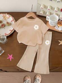 SHEIN Leap Crew 女婴休闲简约短袖服装，适合春夏季 - 卡其色 - 查看 1