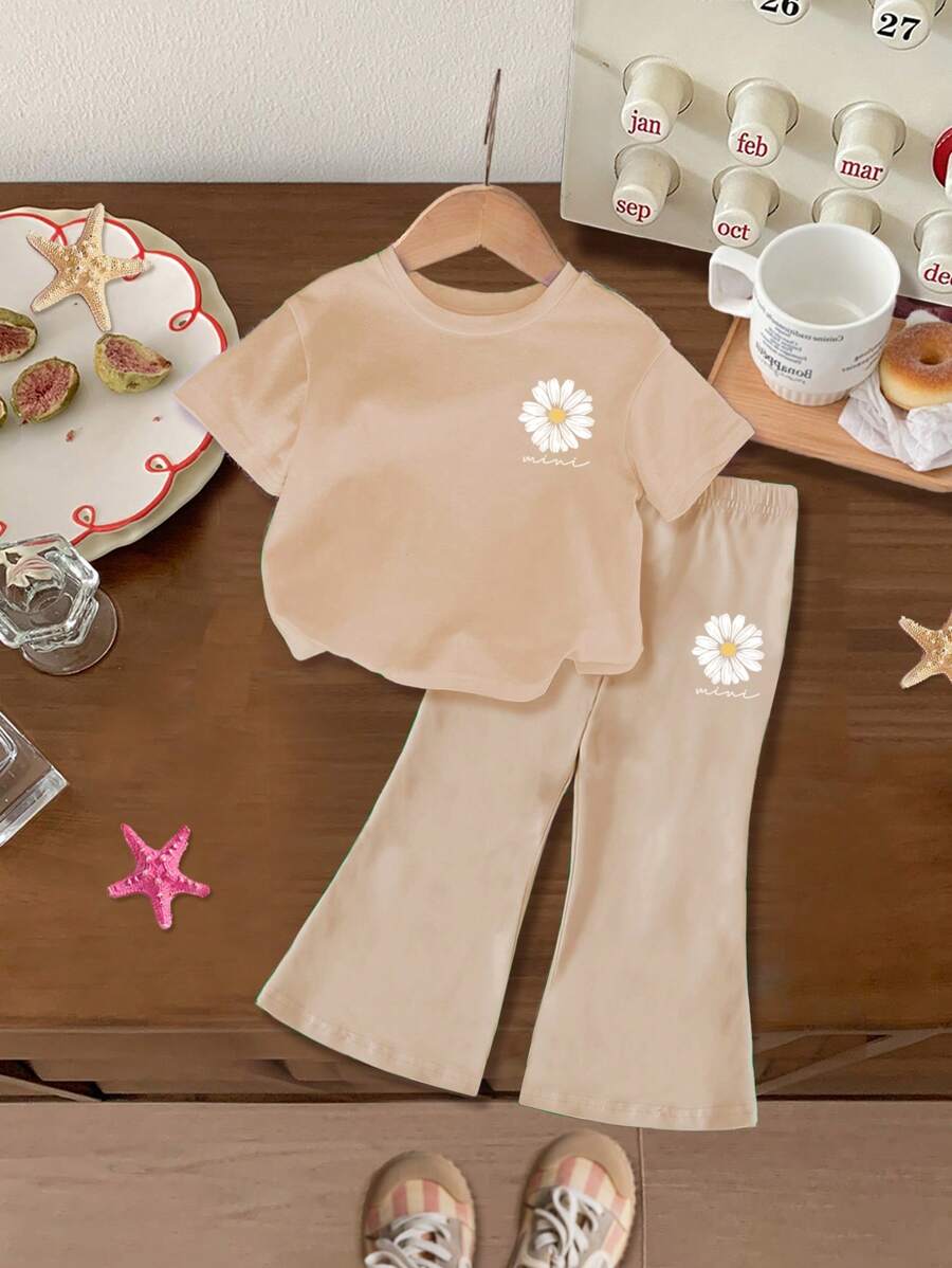 SHEIN Leap Crew 女婴休闲简约短袖服装,适合春夏季 - 卡其色 - 查看 1