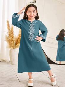 SHEIN Leap Crew Young Girl National Pattern Long Robe - Green - View 4
