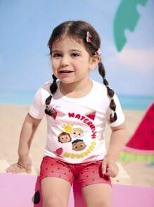 CoComelon X SHEIN Baby Girl Watermelon Graphic Snug Fit Summer Pajama Set - Red and White - View 5