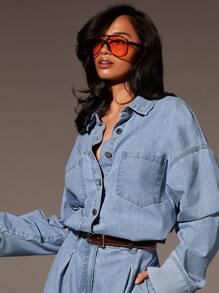 Athîral 女式秋季落肩长袖单排扣口袋休闲牛仔连体裤