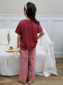Dazy Kids 2pcs/Set Tween Girl Round Neck Short Sleeve Bear Print T-Shirt + Woven Plaid Pants, Spring/Summer - Red - View 3