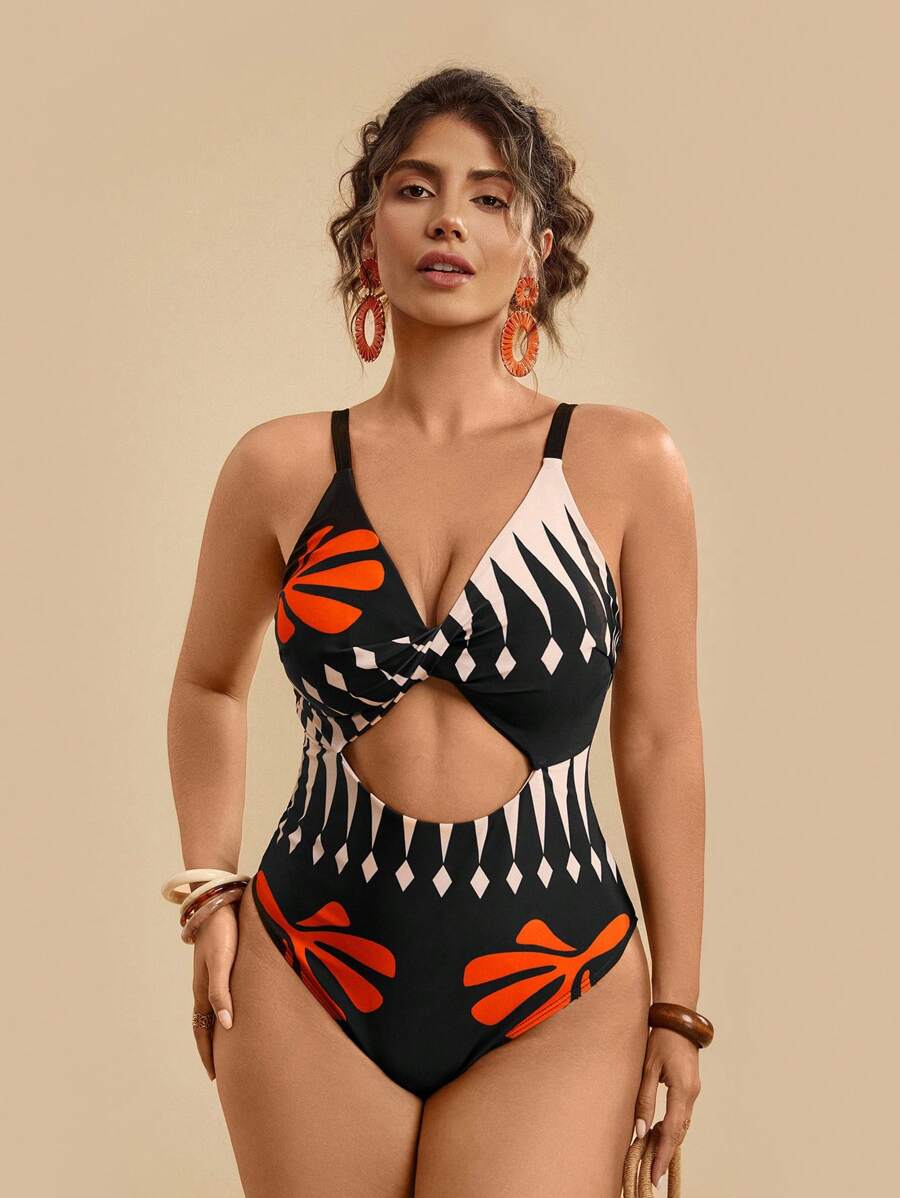 Travachic Plus Size Tropical Beach Holiday Print Front Twist Hollow Sexy Slimming One-Piece Swimsuit For Women - Multicolor - View 1
