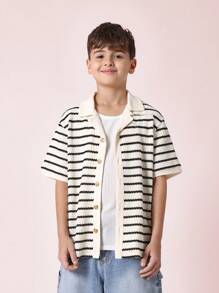 SUMWON Textured Crochet Knit Button-Up Shirt Preppy Stripe Pattern Summer Spring Short Sleeve Casual Everyday Beach Holiday Resort Wear Youth - Beige - View 1