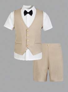 SHEIN Tween Boy 3-Piece Formal Suit: Vest + Short Sleeve Shirt + Shorts/Trousers With Bow Tie, For Birthday Party, Wedding, Anniversary, Valentine's Day - Multicolor - View 4