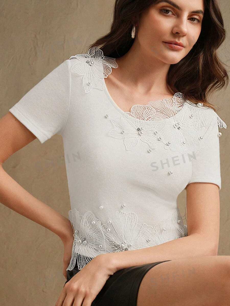 Anewsta Blusa elegante de cuello redondo con aplicaciones de flores 3D, pedrería y bordados florales, de corte slim, adecuada para el Día de San Valentín, vacaciones de verano y Año Nuevo