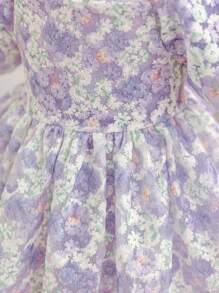 SHEIN Glamorique Kids Baby Girl Purple Flower Bowknot Puff Sleeve Mesh Princess Dress Girls Princess Dress Baby Girl Princess Dress For Baby Girls Occasion Baby Girl Dresses Toddler Dress For Wedding Baby Elegant Dress Baby Spring Dress Princesa Dress For Baby