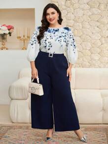 Modelyn 2pcs/Set Plus Size Round Neck Lantern Sleeve Floral Top And Crystal Waist Belt Wide Leg Long Pants - Multicolor - View 1
