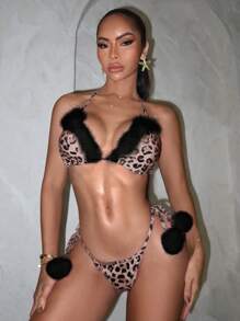 Swim SXY Swim Summer Beach Vacation Outfits Woman Cheetah Print Bikini Sets - Black - View 1