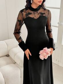 Modelyn 女士花卉拼布网眼长袖优雅连衣裙