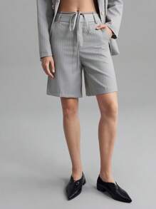 Ontre 2pcs Women Striped Blazer & Shorts Suit Set, Casual Office Wear, Gray Suit, Spring/Summer, - Light Grey - View 3