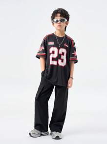 SHEIN Teenager Spring/Summer Round Neck Short Sleeve Casual Jersey Boys Casual Stylish Hiphop Streetwear City Name, Number 23, Star, Fashion Slogan, Shield Logo Printed Short Sleeve Crew Neck T-Shirt, Suitable For Summer