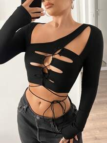 SHEIN ICON Women's Sheer Panel Asymmetrical Cutout Short Black Long Sleeve T-Shirt, Sexy Outdoor Style