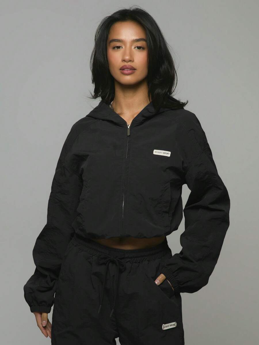 Musera Sport Cropped Hooded Zip Up Slogan ' Sport' Jacket, Padel, Tennis, Pickleball Gym Fitness - Black - View 1