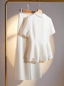 SHEIN Clasi 女士优雅纯色短袖夹克和裙子两件套 - 白色 - 查看 2