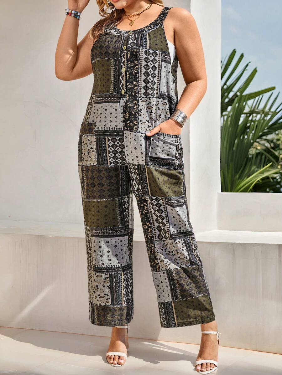 SHEIN LUNE 大码女式休闲印花连体裤，带口袋，夏季紧身连体裤